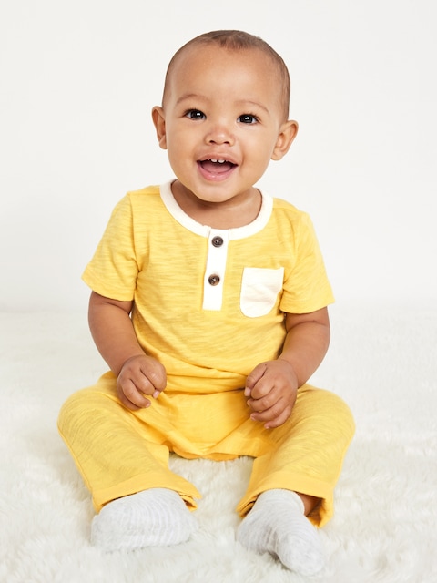 Short-Sleeve Slub-Knit Henley One-Piece for Baby - Yellow